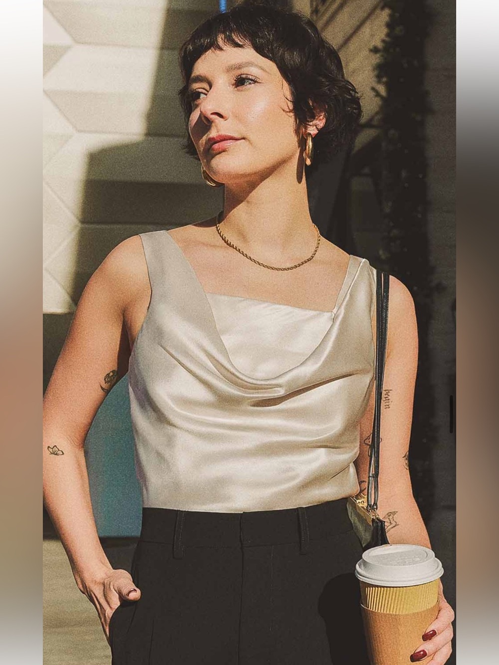 Petite Studio NYC Lenore Ivory Satin Cowl Neck Top XS